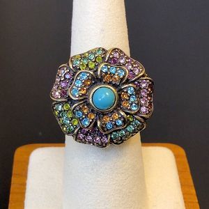 HEIDI DAUS Turquoise Gemstone & Faceted Crystal Flower Statement Ring Sz 8